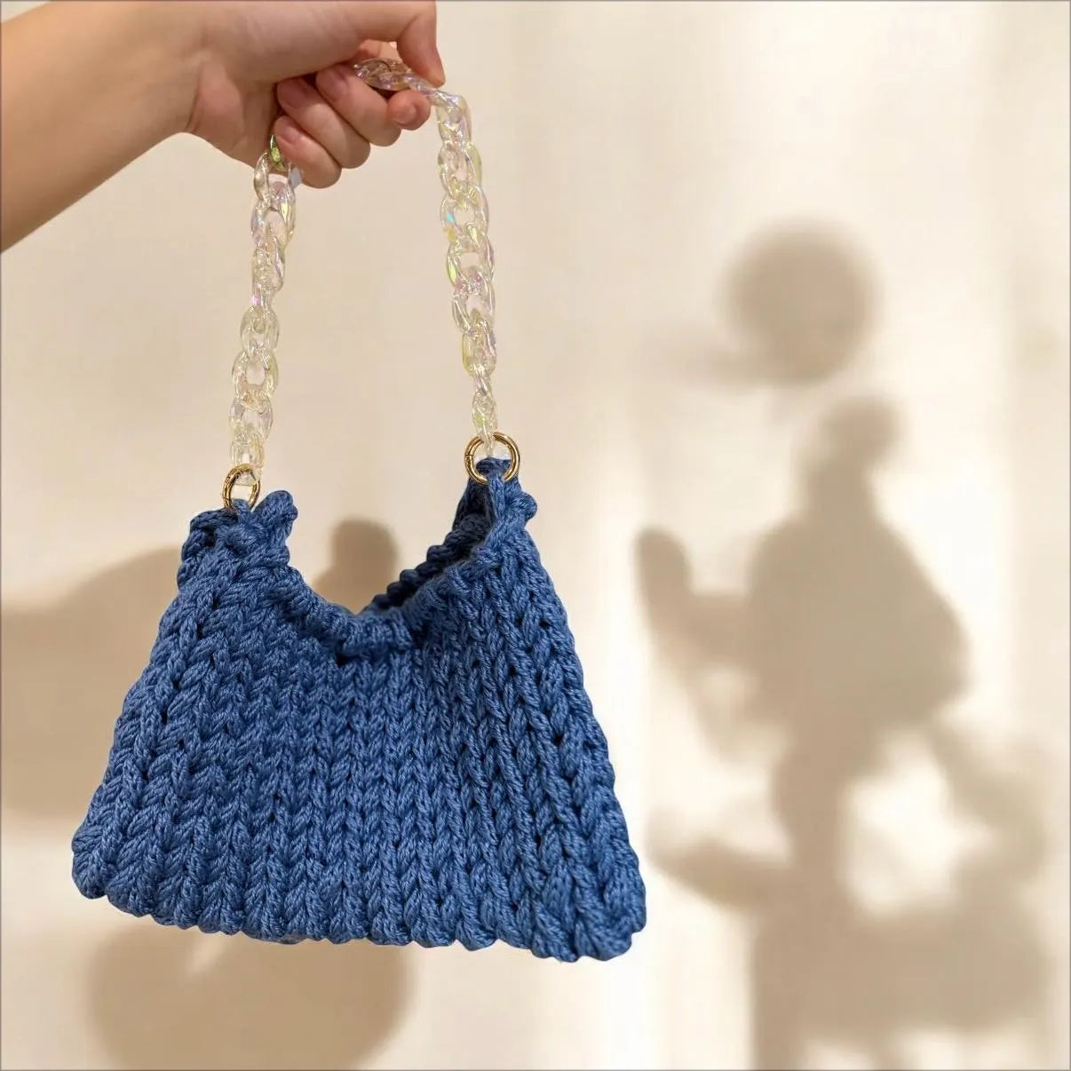 Hand knit Chunky Mini bag | handmade yarn bag | heavy duty i-cord bag | beach bag casual bag phone bag mini purse swing bag hand held y2k | blue bag
