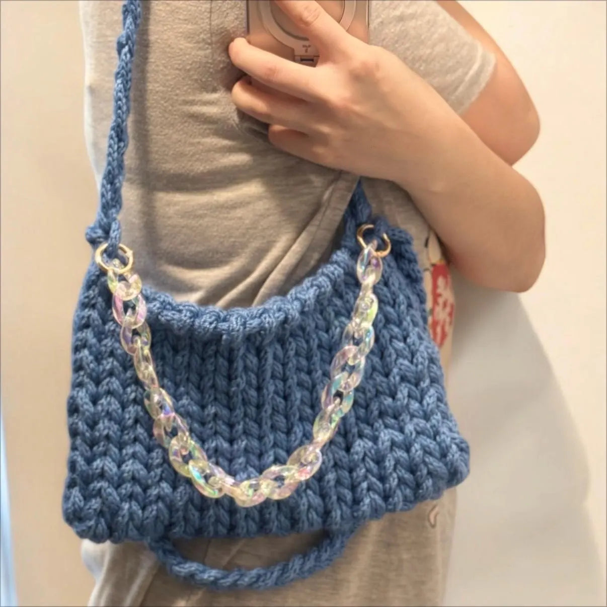 Hand knit Chunky Mini bag | handmade yarn bag | heavy duty i-cord bag | beach bag casual bag phone bag mini purse swing bag hand held y2k | blue bag
