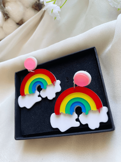 Rainbow cloud earrings | boho style earrings | funky pop art earrings | acrylic art earrings | gift for her - TuttyKnitty