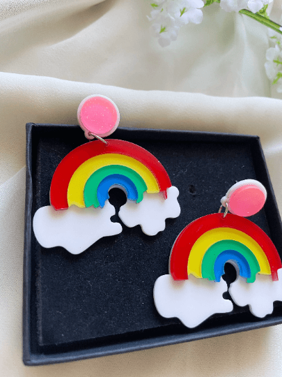 Rainbow cloud earrings | boho style earrings | funky pop art earrings | acrylic art earrings | gift for her - TuttyKnitty
