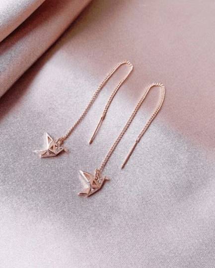 Rose gold crane dangle threader earrings | chain dangle earrings | minimalist elegant statement earrings | cute kawaii earrings - TuttyKnitty
