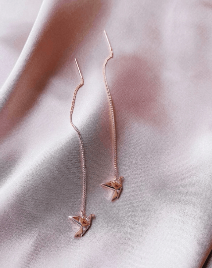 Rose gold crane dangle threader earrings | chain dangle earrings | minimalist elegant statement earrings | cute kawaii earrings - TuttyKnitty