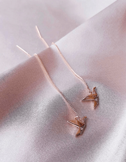 Rose gold crane dangle threader earrings | chain dangle earrings | minimalist elegant statement earrings | cute kawaii earrings - TuttyKnitty