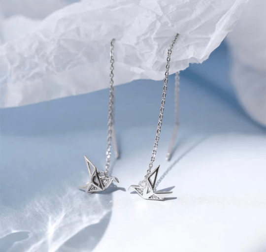 Rose gold crane dangle threader earrings | chain dangle earrings | minimalist elegant statement earrings | cute kawaii earrings - TuttyKnitty