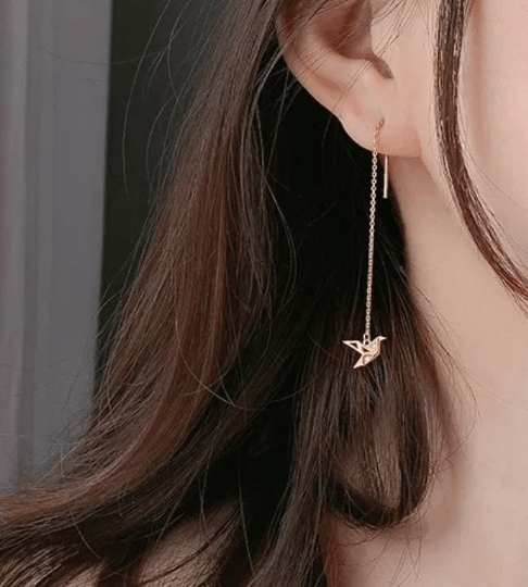 Rose gold crane dangle threader earrings | chain dangle earrings | minimalist elegant statement earrings | cute kawaii earrings - TuttyKnitty
