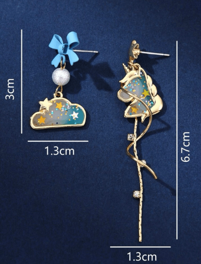 Unicorn earrings |Kawaii cute chain earrings | korean art colourful dangle earrings | mismatch cloud celestial fantasy - TuttyKnitty