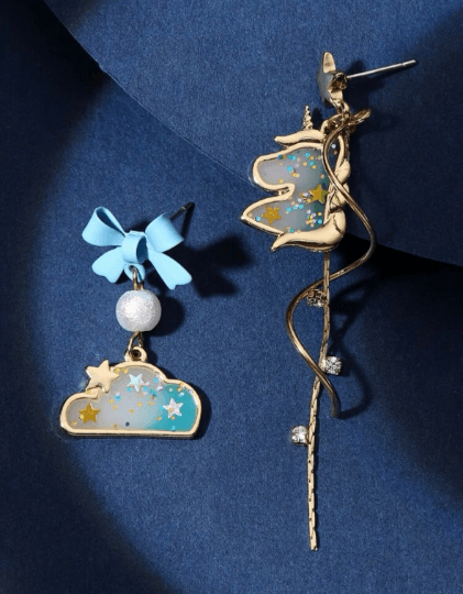 Unicorn earrings |Kawaii cute chain earrings | korean art colourful dangle earrings | mismatch cloud celestial fantasy - TuttyKnitty