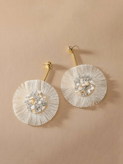 White fan tassel drop earrings| colourful rhinestones vintage style | glitter art abstract dangle oversize statement earrings |christmas - TuttyKnitty