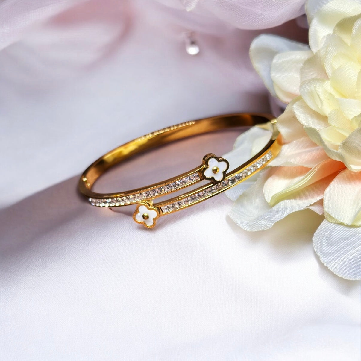 Gold bangle with clover| rhinestones embossed