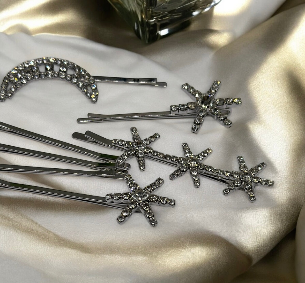 Silver glitter style celestial bridal hair clips set | rhinestones embedded vintage style hair slides | korean hair accessories | bobby pin