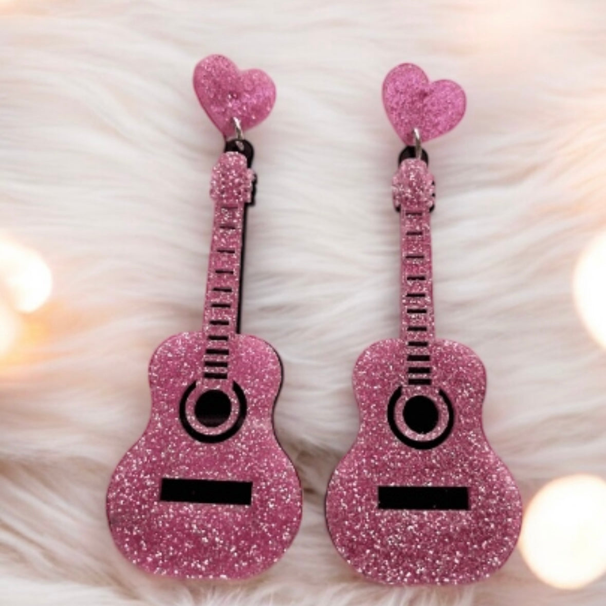 Musical instrument earrings | glitter pink guitar earrings | funky pop art earrings | acrylic art oversize earrings | quirky fun