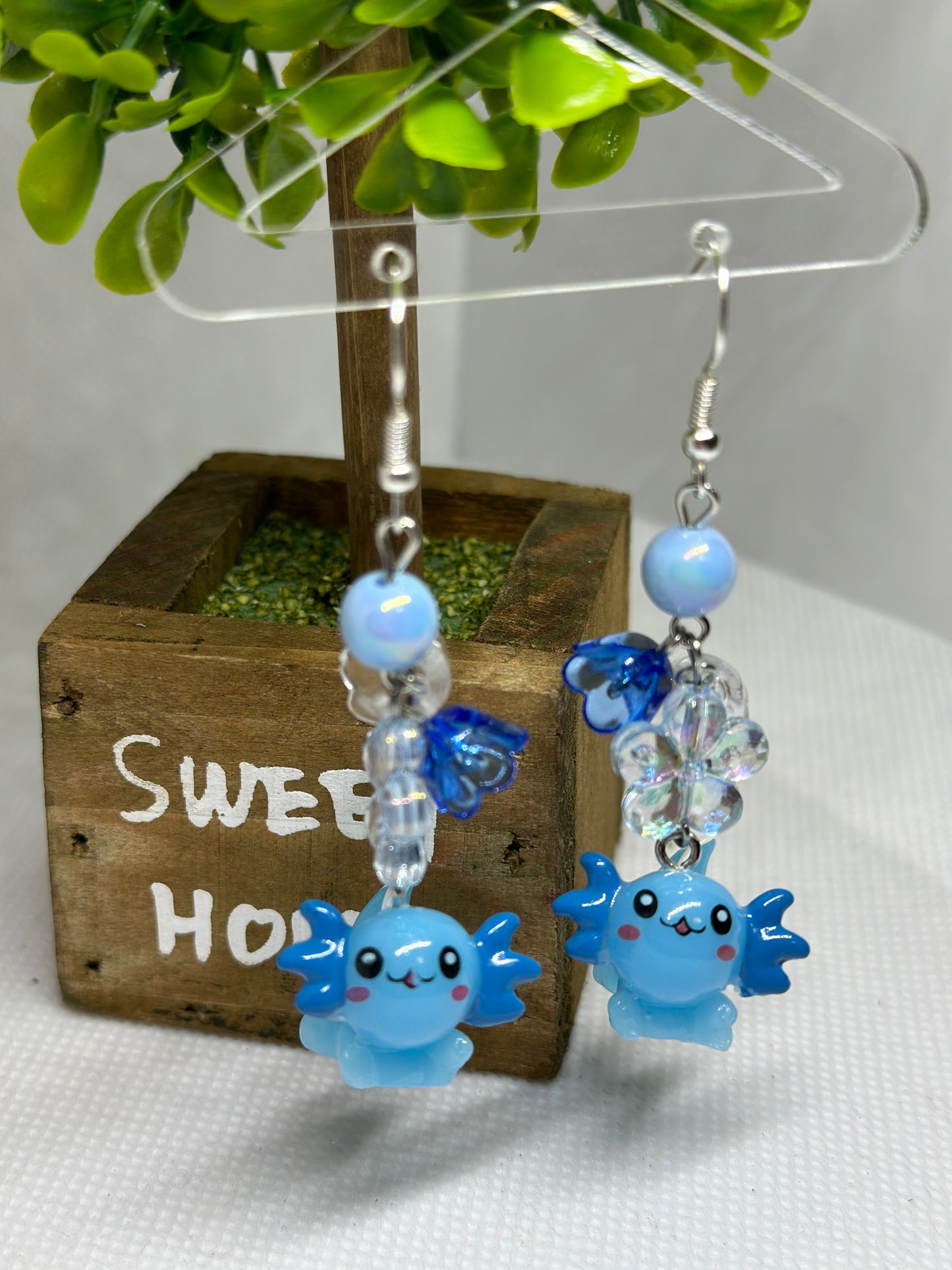 Blue Axolotl earrings | 3d dangle earrings | sea creature earrings