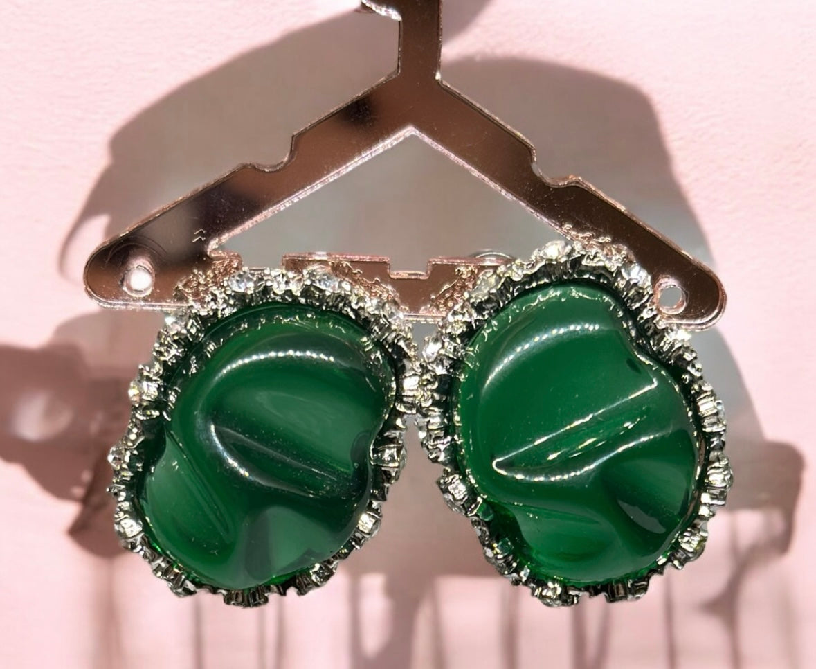 Emerald green resin earrings | silver frame with rhinestone irregular shaped earrings | modern retro party earrings | oversize stud earrings