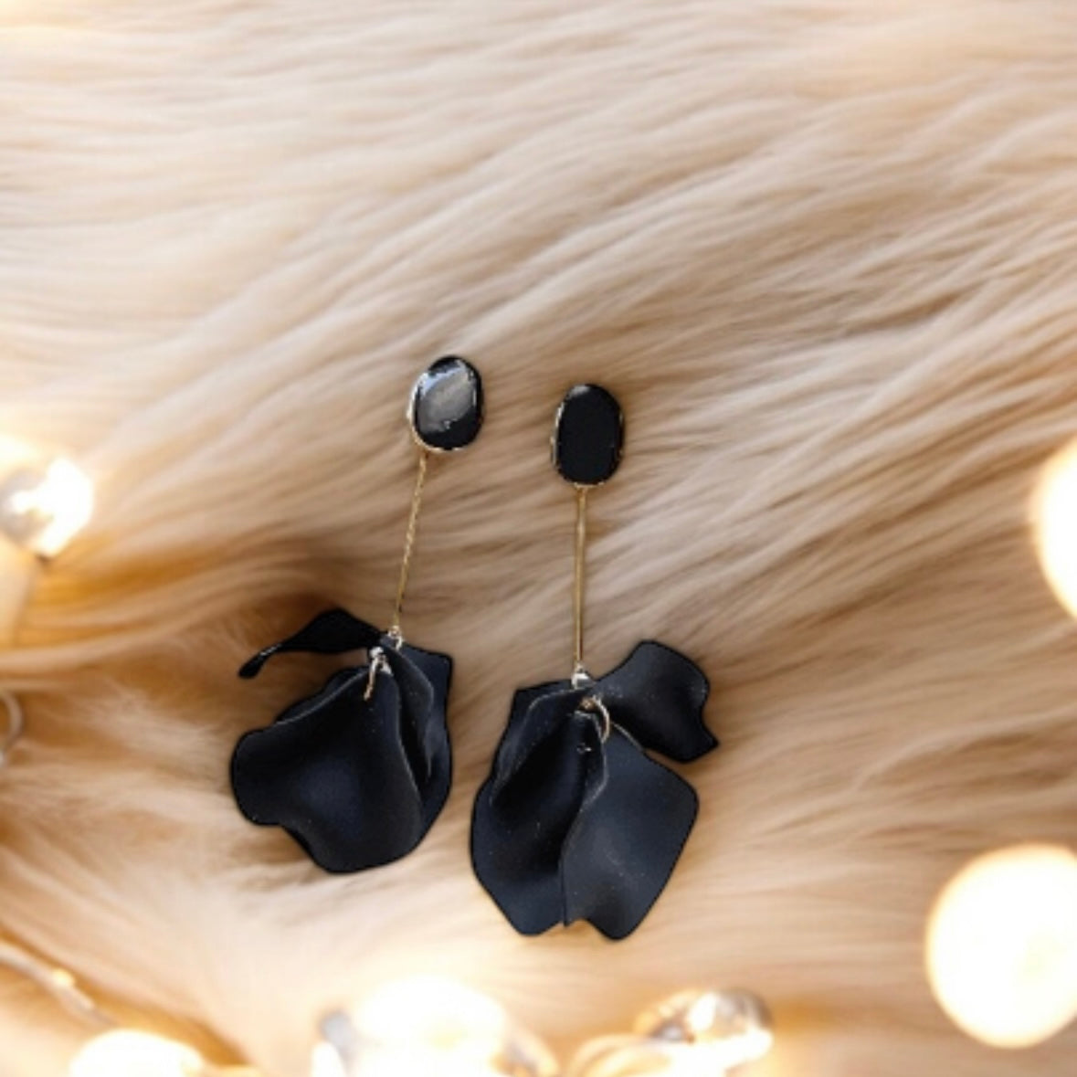 Pure black flowers earrings | frosted petals hoop earrings | statement earrings | golden crumpled geometric floral bridal earrings