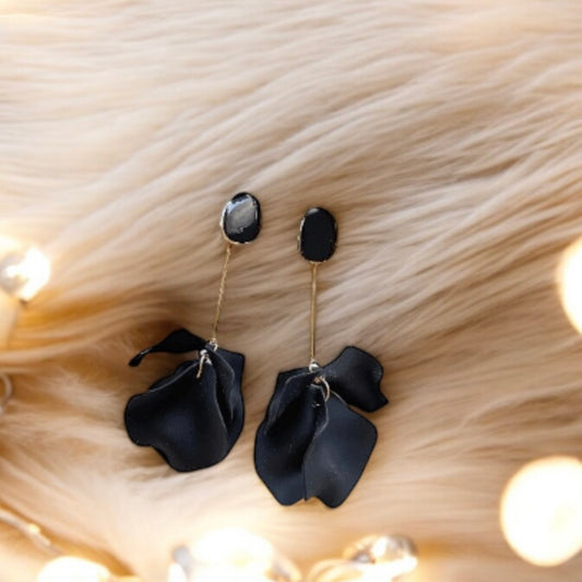 Pure black flowers earrings | frosted petals hoop earrings | statement earrings | golden crumpled geometric floral bridal earrings