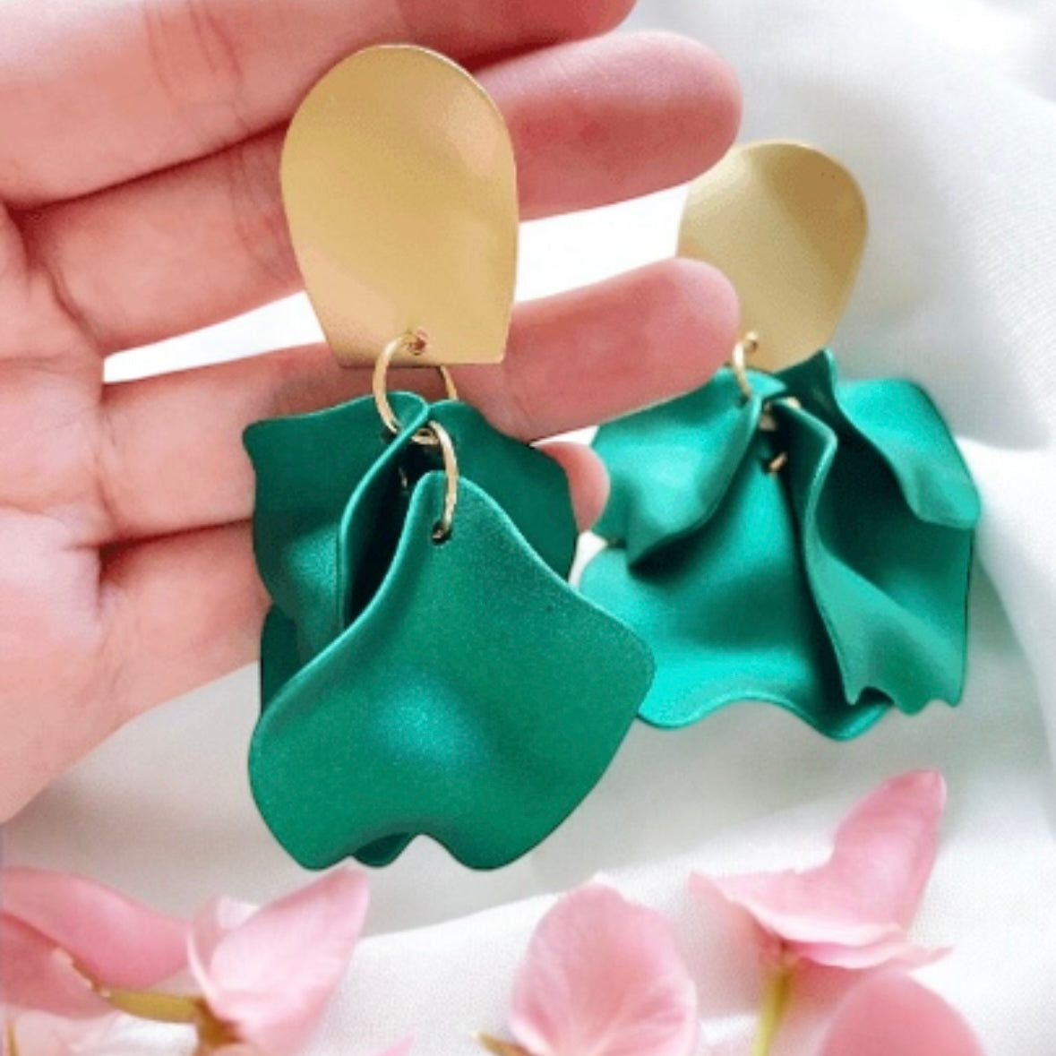 Emerald green iridescent flower earrings |dangly earrings | frosted petals hoop statement earrings | unique gold geometric floral earrings