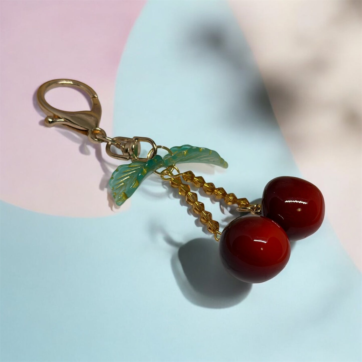 Cherry bag charm | key chain | golden chain with flowers and leaf