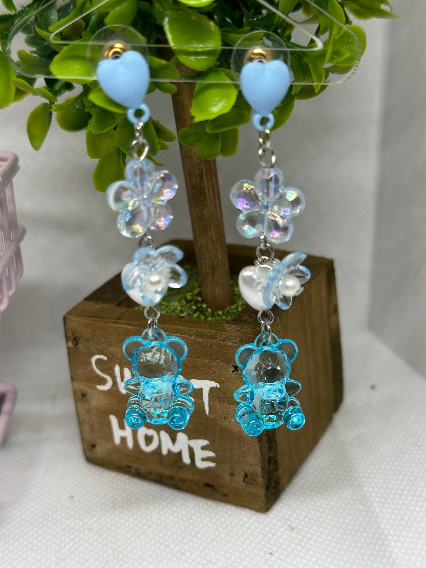 Blue glitter teddy bear earrings