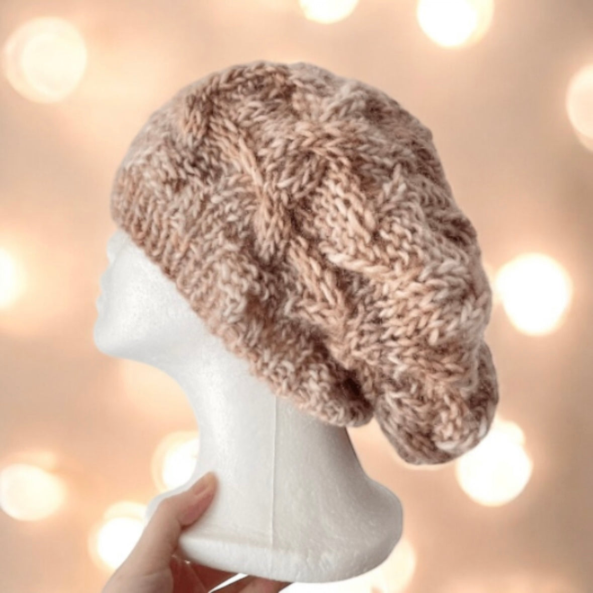 Handknit Cable Slouchy Beanie | Knit Beret |Slouchy Hat in beige brown mix colour| Knit beanie in earth tone |Fluffy chunky cozy winter hat