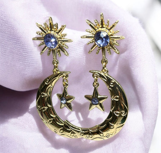 Star and moon glitter shinny stones celestial earrings | planet party earrings