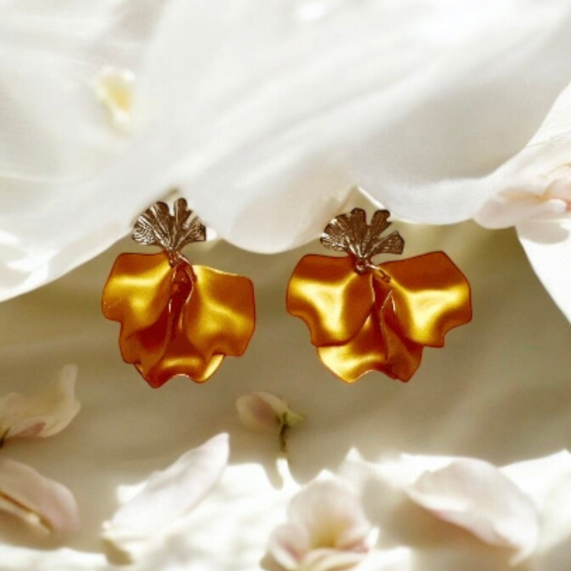 Golden shimmer Yellow ginkgo flower earrings |dangly earrings | frosted petals statement earrings | golden disc floral bridal earrings