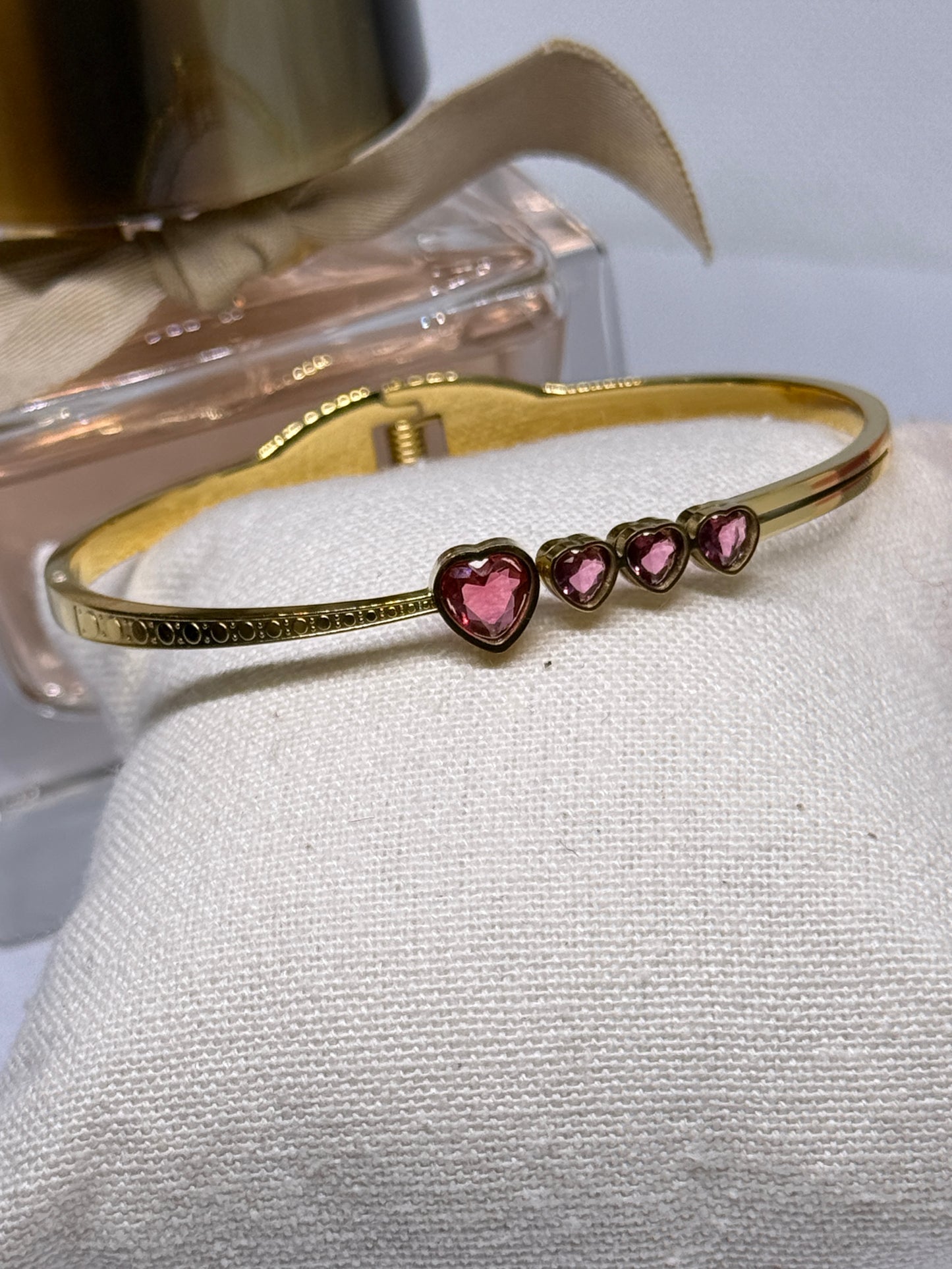 Gold bangle with pink heart | rhinestones embossed