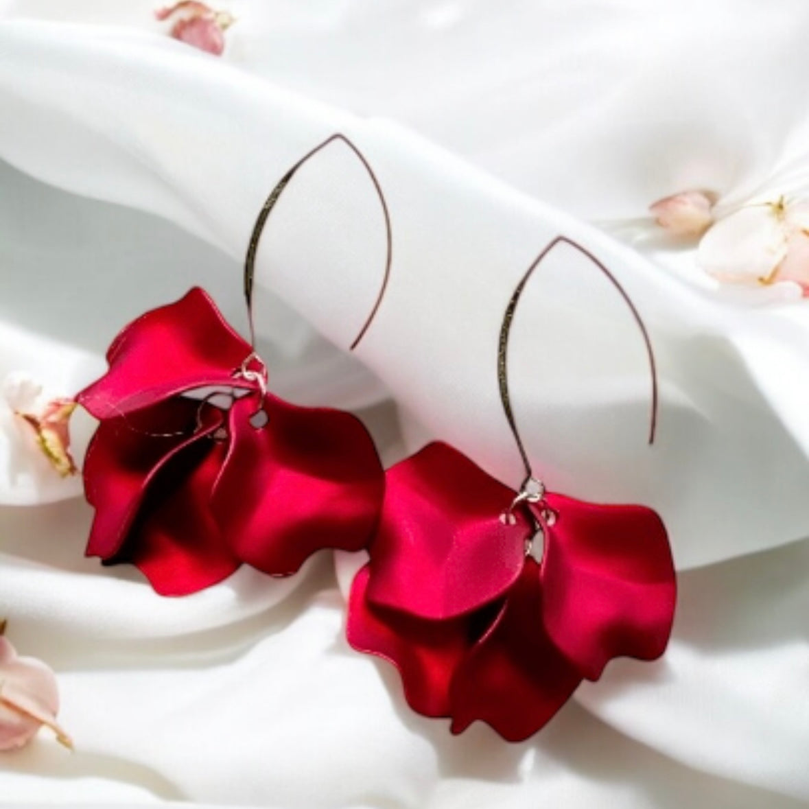 Hot red flowers earrings| bridal party wedding earrings | unique iridescent earrings | golden crumpled floral earrings