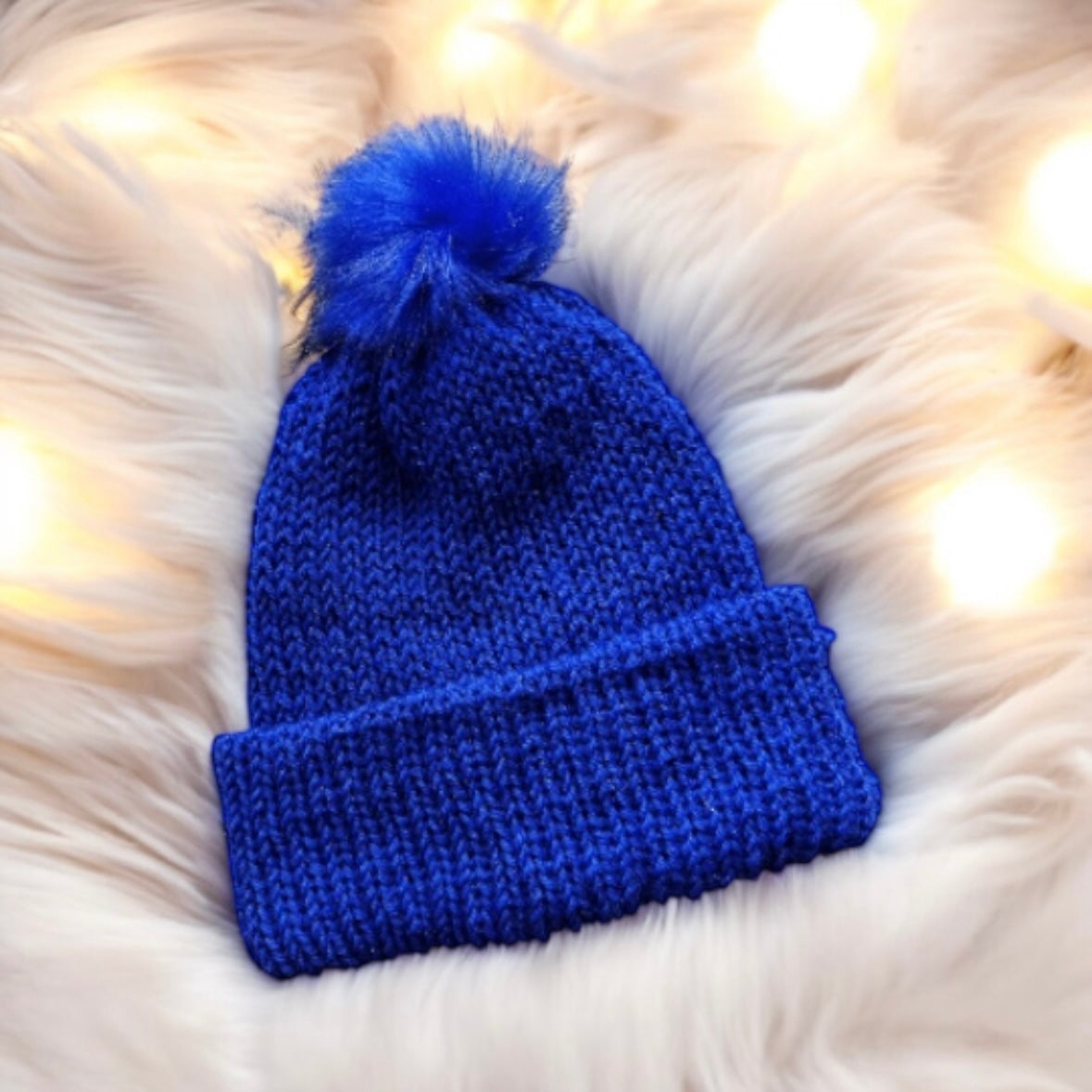 Handmade Double layered Knit beanie with faux fur pompom | Fur Pom Pom hat | Winter Knit Hat | Australian wool royal blue hat