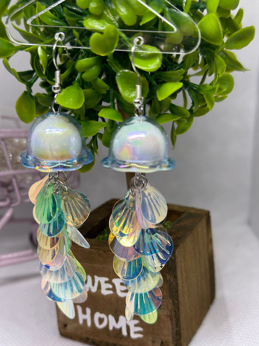 Mermaid blue Jellyfish earrings | sea creature zoology earrings | colourful clear iridescent dangle earrings | halgoram fun y2k earrings