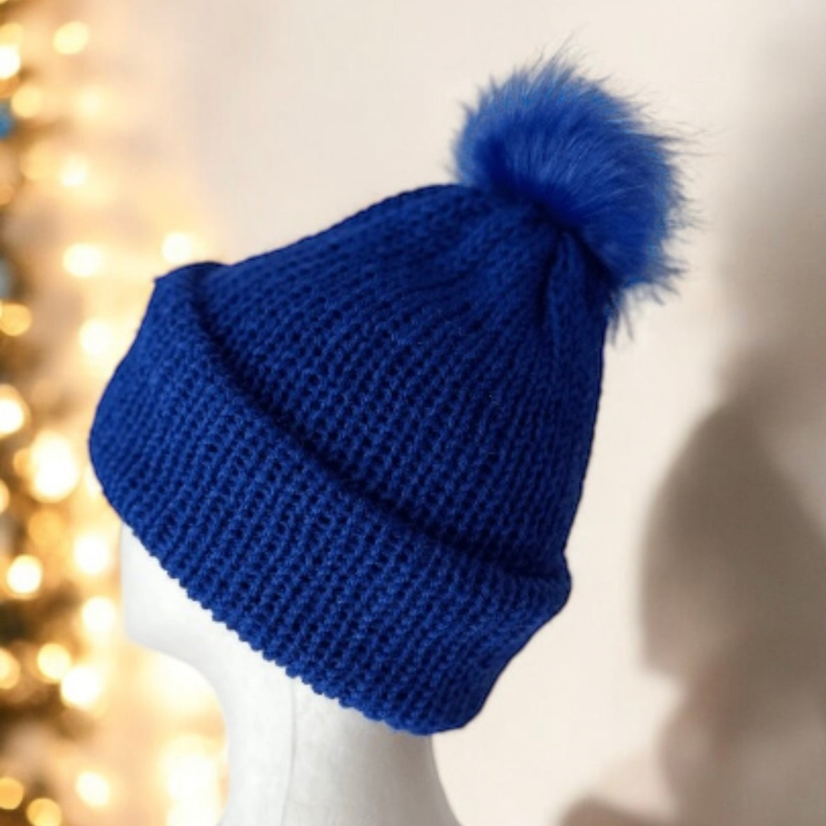 Handmade Double layered Knit beanie with faux fur pompom | Fur Pom Pom hat | Winter Knit Hat | Australian wool royal blue hat