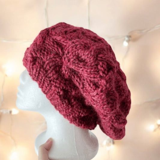 Handknit Cable Slouchy Beanie | Knit Beret | Slouchy Hat in red colour| Knit beanie in burgundy | Fluffy and cozy winter hat