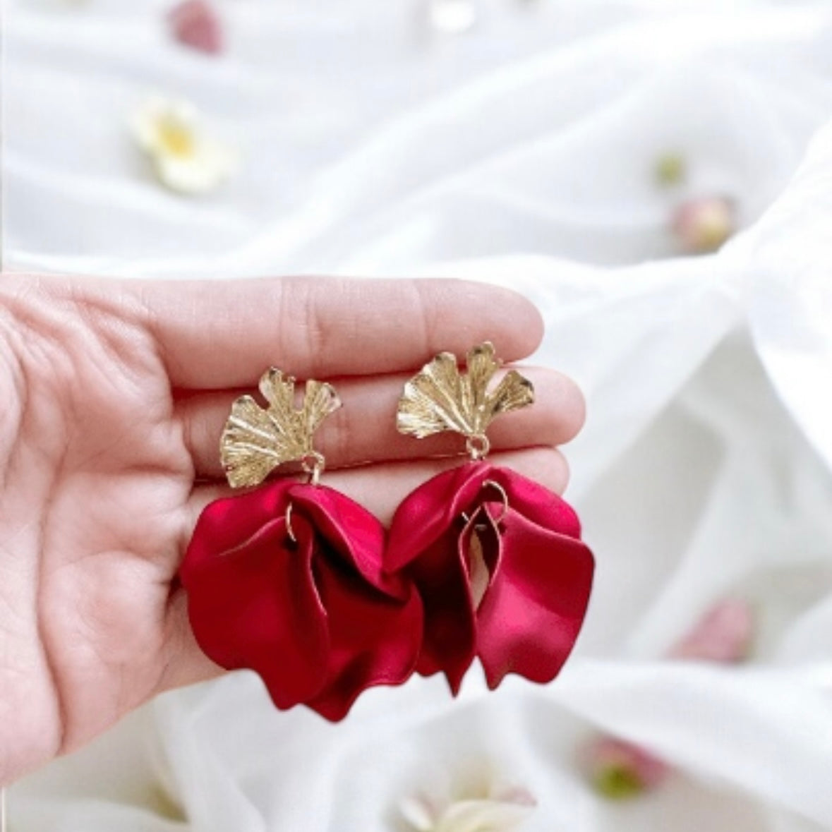 Hot red iridescent flower earrings | dangle petals baroque earrings | unique golden floral earrings | bridal party wedding earrings