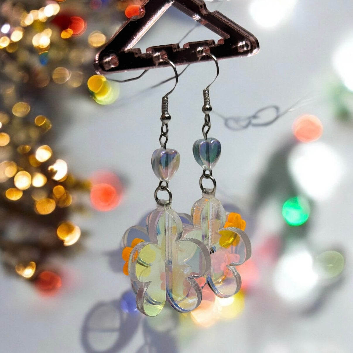 Dangle 3D flower earrings | fun floral earrings | colourful clear iridescent dangle oversize earrings | hologram fun earrings