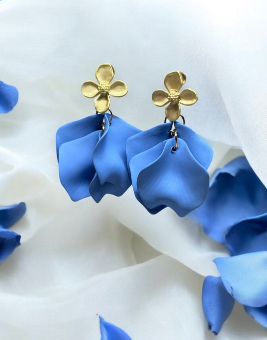 Pastel cornflower blue flower earrings |dangly earrings | matte petals colour statement earrings | unique gold geometric floral earrings