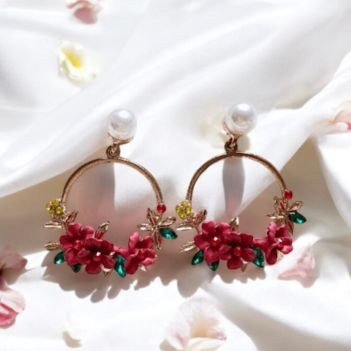 Gold flower hoop earrings with pearls | open dangle earrings | spring floral earrings | Flower petal dangly earrings | bridal earrings