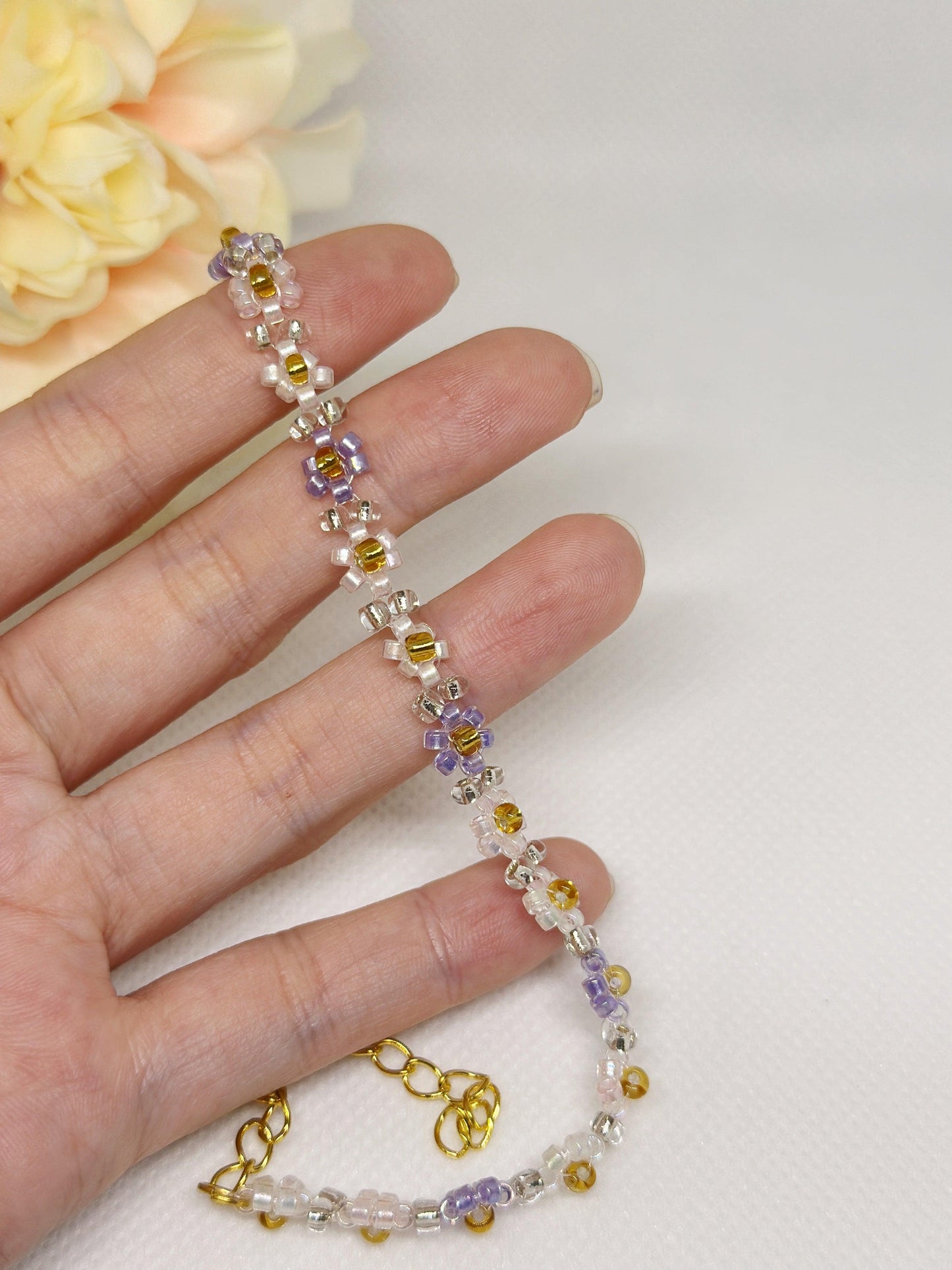 Pink or Purple Beaded bracelet with daisy pattern | golden colour chain | shinny decor bracelet |