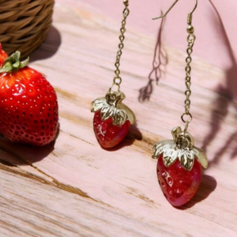 3D red strawberry dangle earrings | fruits dangle earrings | oversize statement | cute kawaii earrings | burgundy red berry petals