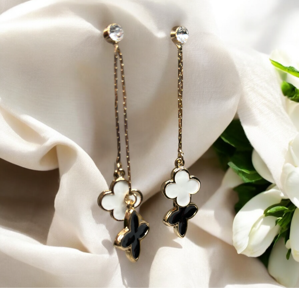 Golden clover earrings | long dangle elegant earrings