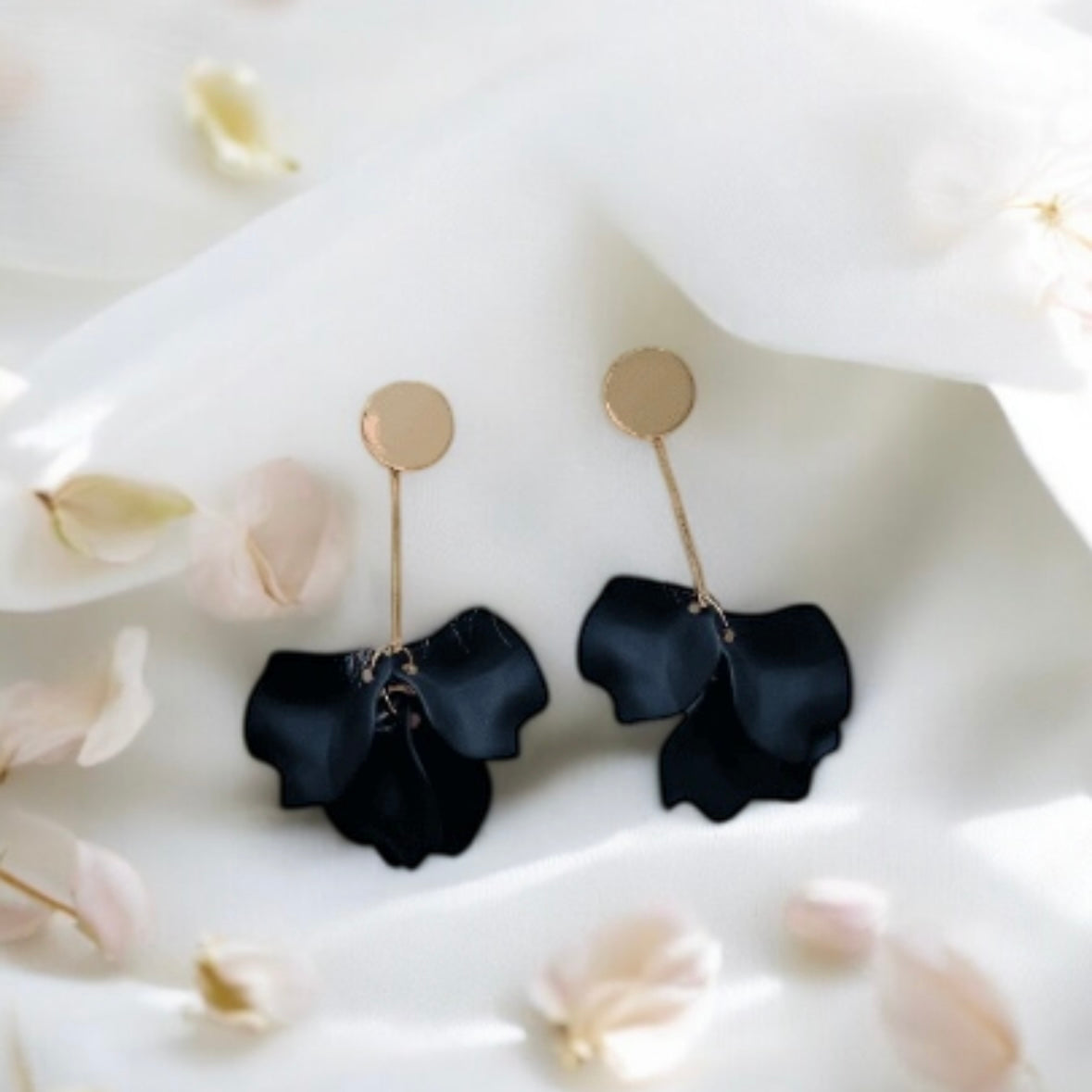 Pure black flowers earrings | frosted petals hoop earrings | statement earrings | golden crumpled geometric floral bridal earrings