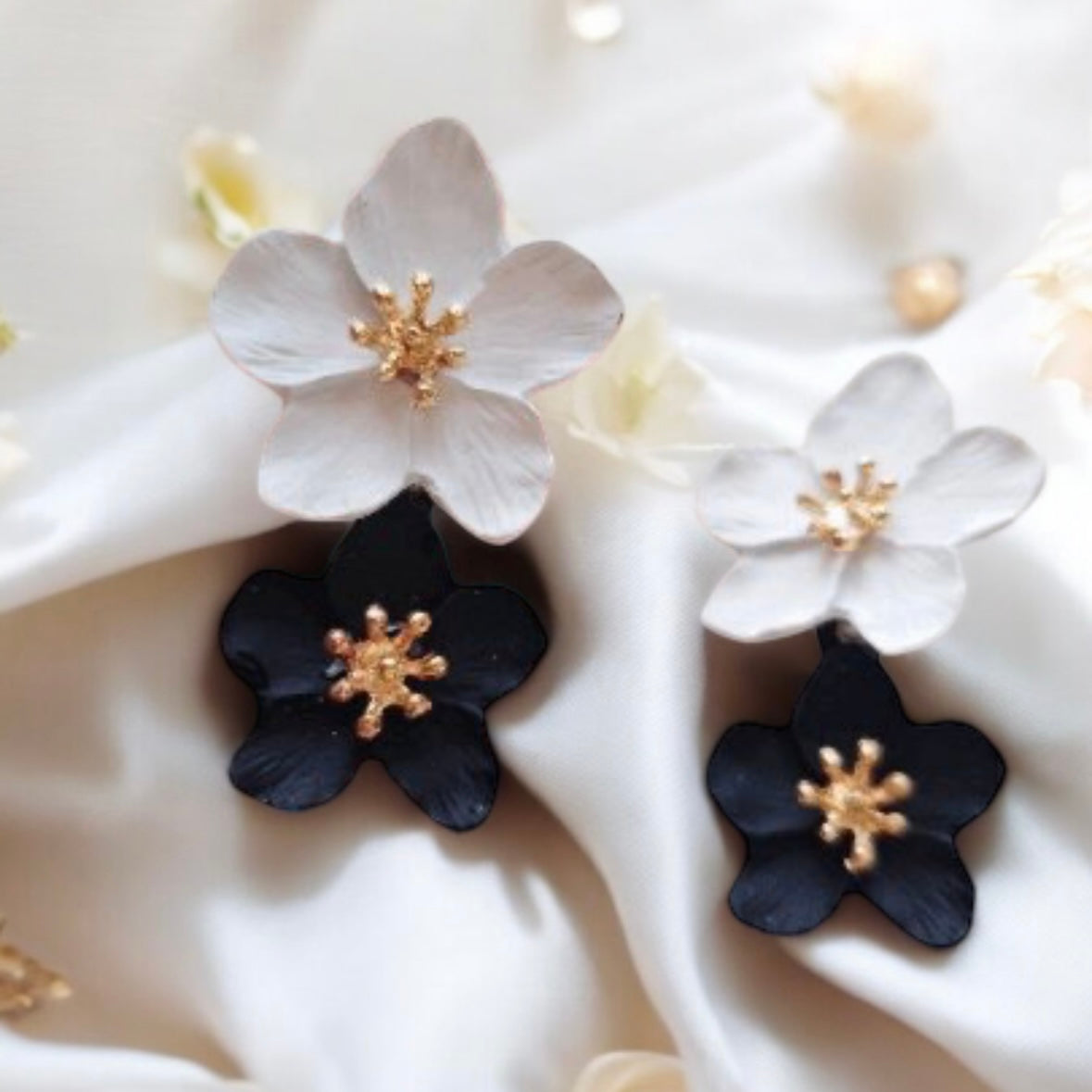 Black white flowers dangly earrings | matte petals crumpled textured | statement earrings | golden geometric floral earrings