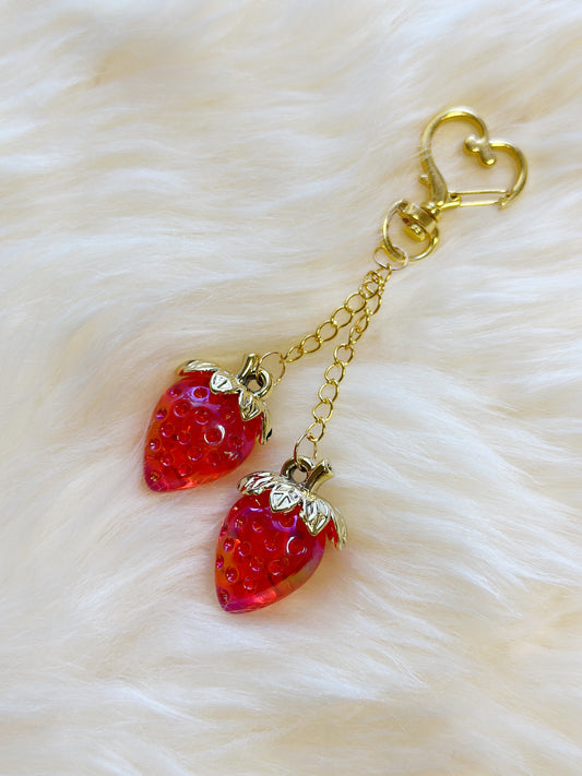 Strawberry bag charm | key chain | golden chain with heart bucket | y2k chain | bag lover gift