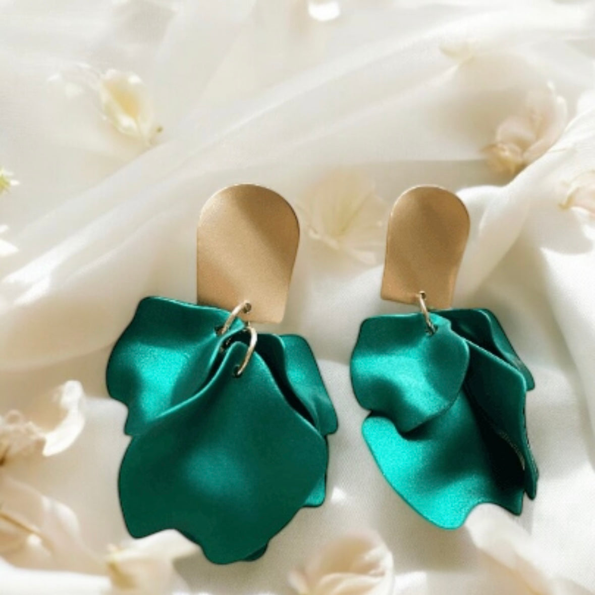 Emerald green iridescent flower earrings |dangly earrings | frosted petals hoop statement earrings | unique gold geometric floral earrings