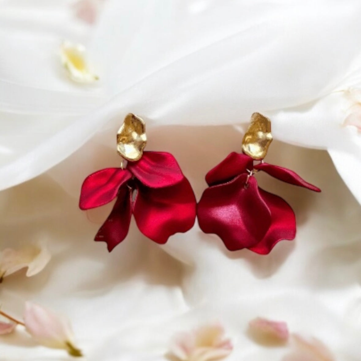 Hot red iridescent flower earrings | dangle petals baroque earrings | unique golden chain floral earrings | bridal party wedding earrings