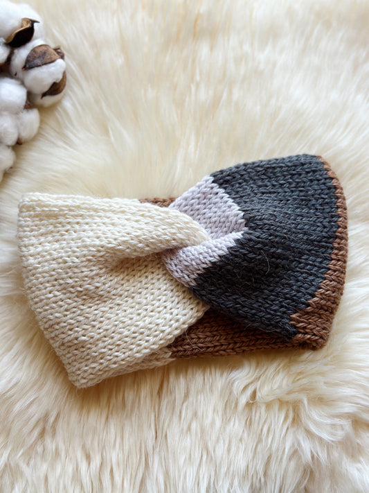 Cream brown grey Knit headband | winter ear warmer | colourful turban | twisted head band | wool knit cozy messy bun beanie | casual autumn wear