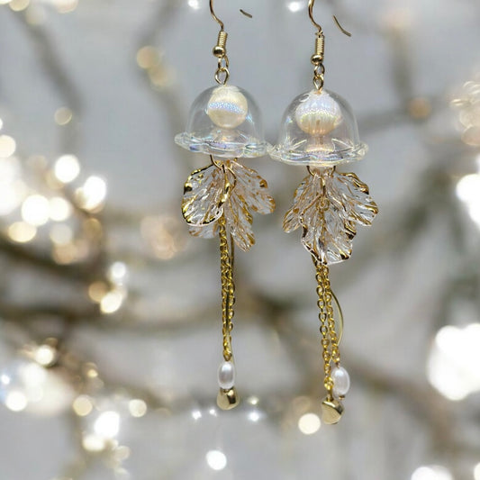 Golden sparkly clear Jellyfish earrings | sea creature zoology earrings | colourful clear iridescent dangle oversize earrings | halgoram earrings