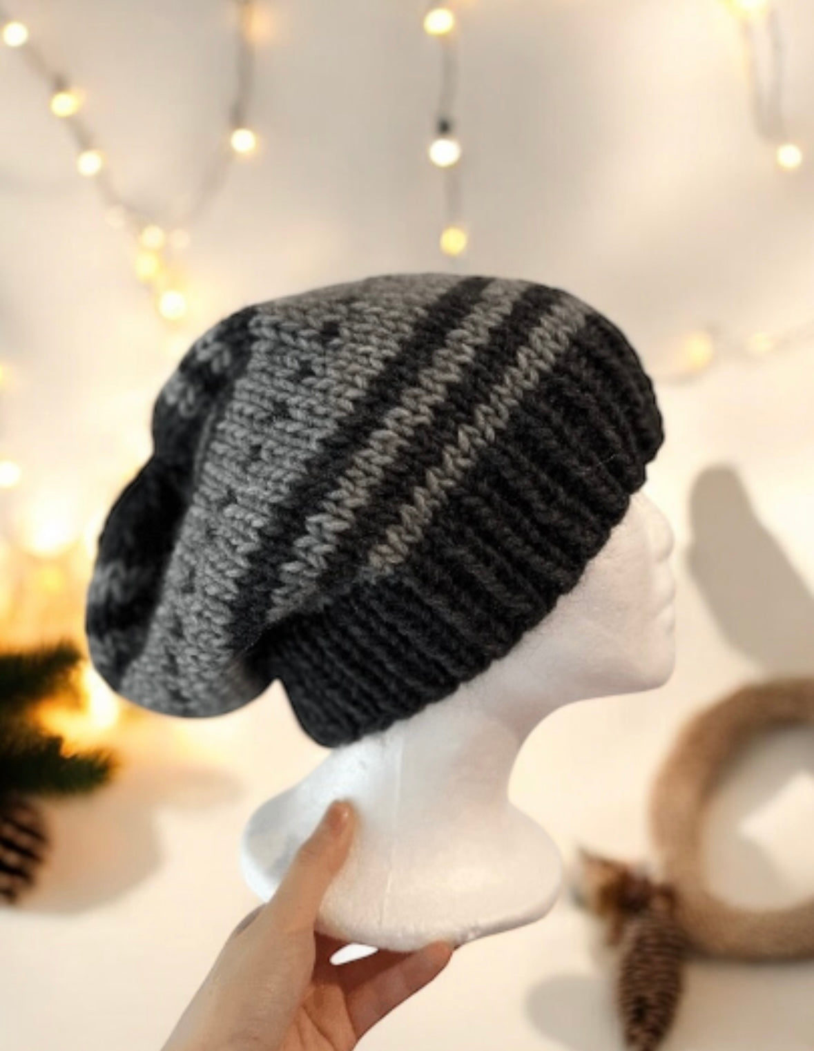 Handknit pattern Beanie | Winter hat | black and grey fair isle colour | autumn winter style | cozy hat