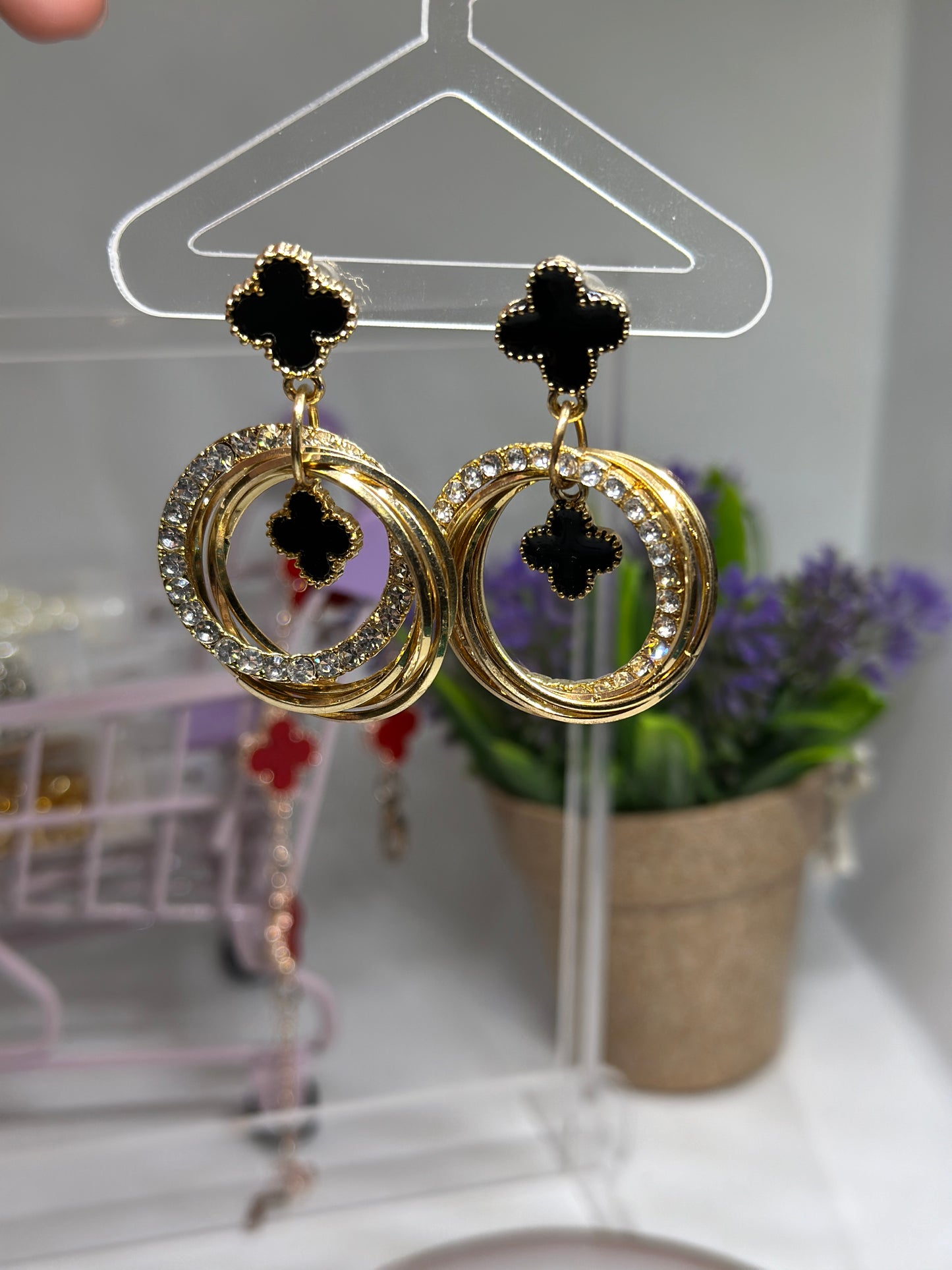 Golden clover earrings | rhinestone elegant earrings