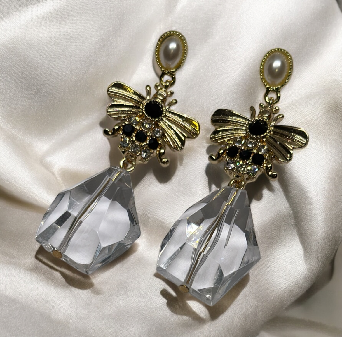 Golden bee earrings | pearl studs rhinestone earrings | gold honey bee insect statement earrings | clear lucite beads