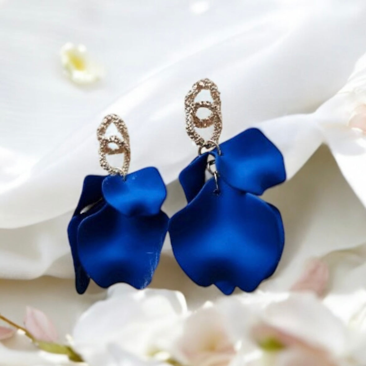 Blue flower earrings | dangle petals baroque earrings | unique gold geometric floral earrings | bridal party wedding earrings