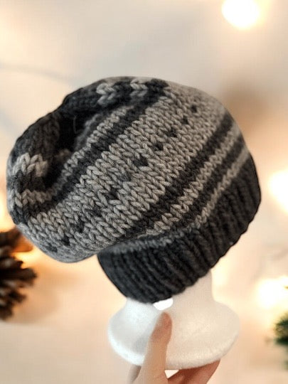 Handknit pattern Beanie | Winter hat | black and grey fair isle colour | autumn winter style | cozy hat